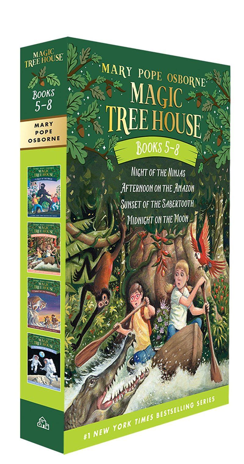 Magic Tree House Boxed Set, Books 5-8: Night of the Ninjas, Afternoon on the Amazon, Sunset of the Sabertooth, and Midnight on the Moon Paperback – Box set, May by Mary Pope Osborne